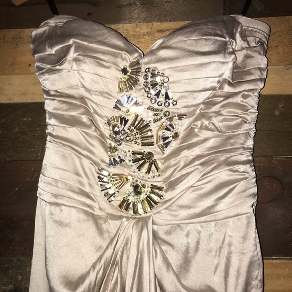 Bebe Silk Champagne Beaded Sequin Embellished Corset Tulip Cocktail Party Dress - Picture 3 of 11